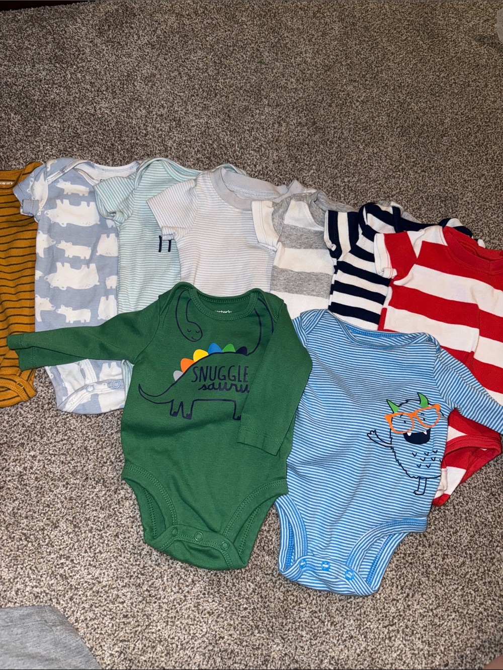 Green "Snuggle Saurus" Long-Sleeve and short sleeve Baby One-Piece set of 9